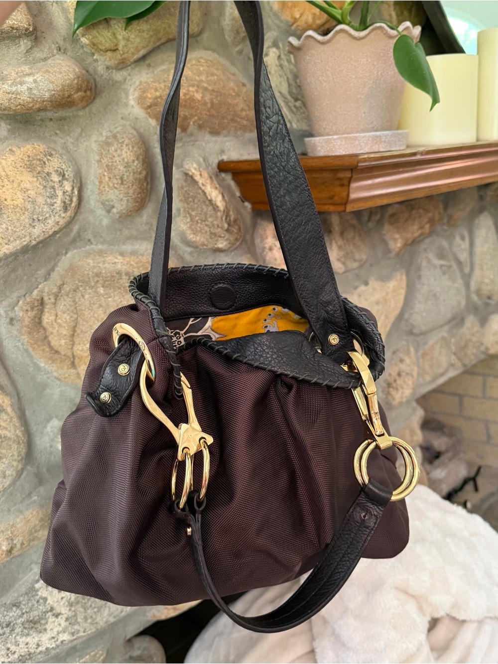 NWOT JPK PARIS 75 HOBO BUCKET TOTE NYLON SHOULDER BAG with LEATHER STRAP in BROW